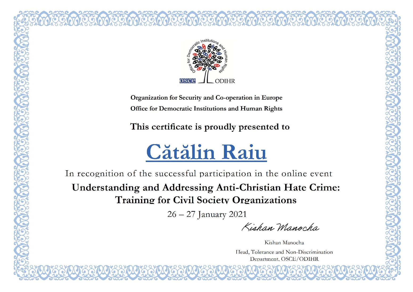 Participarea reprezentanților FoRB România la training-ul Understanding and Addressing Anti-Christian Hate Crime organizat de OSCE - Certificat - Catalin Raiu