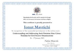 Participarea reprezentanților FoRB România la training-ul Understanding and Addressing Anti-Christian Hate Crime organizat de OSCE - Certificat Ionut Mavrichi